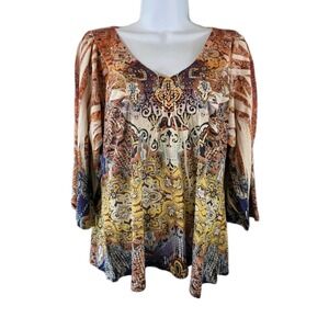 Energe' Top Womens Large Multicolor 3/4 Sleeves V-Neck Fairy WhimsiGoth 90s